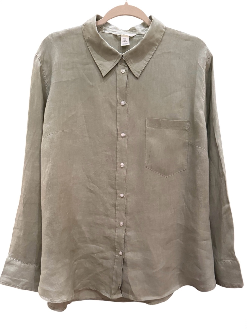 H&M Oversized 100% Linen Button Front Shirt. Khaki Green. Size XL.